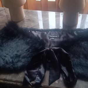 Bebe Black Rabbit Fur  Satin Wrap with Bow